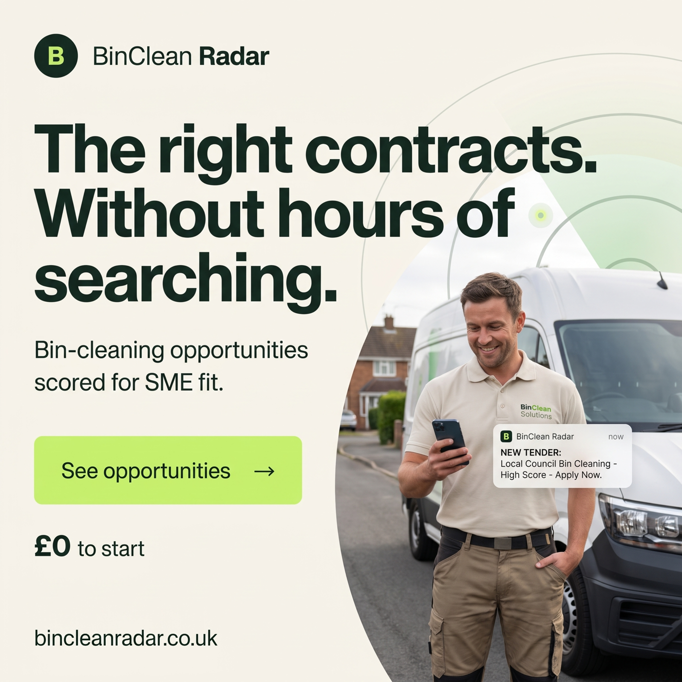 Local bin-cleaning business owner receiving a high-fit tender alert on his phone