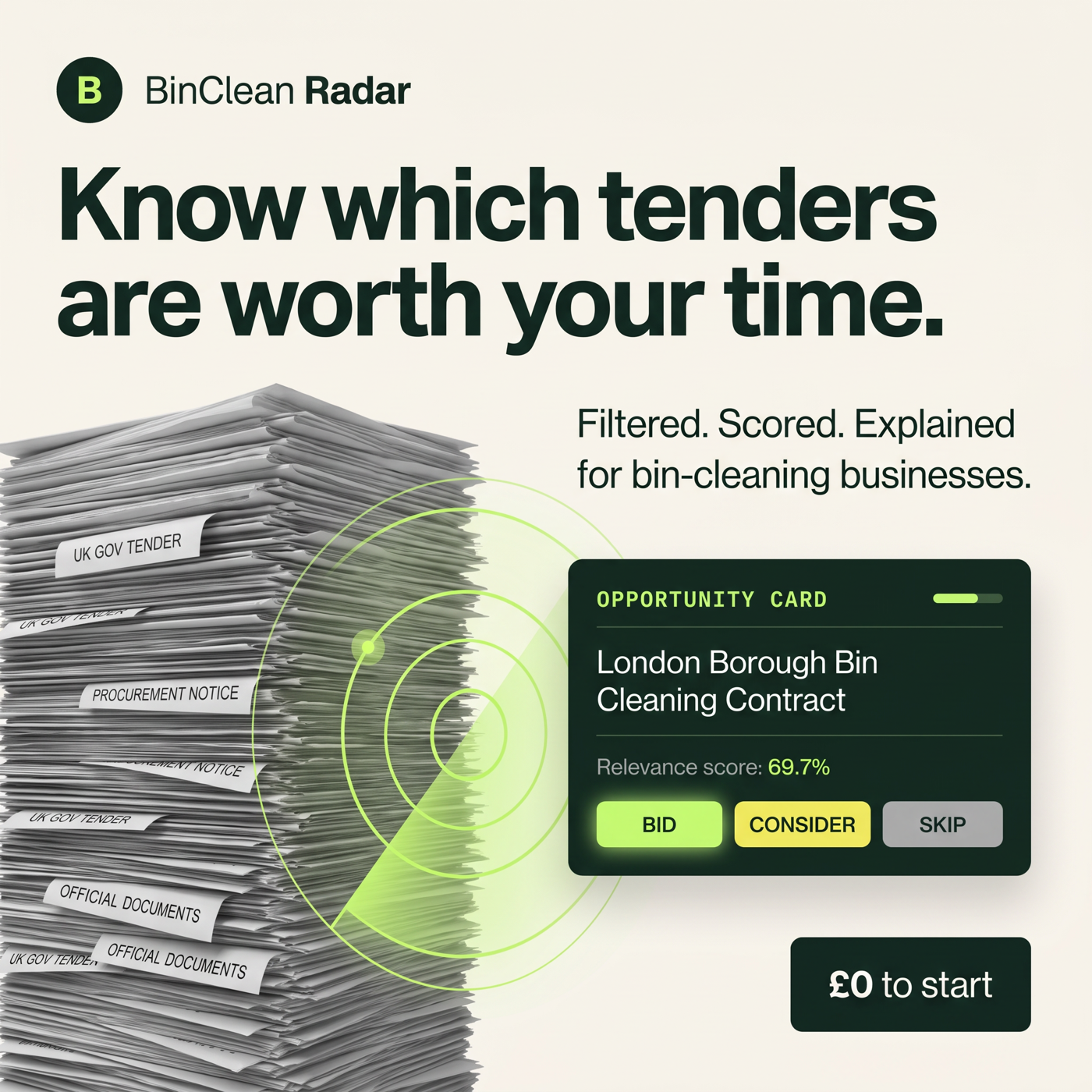 A stack of procurement notices simplified into a scored BinClean Radar opportunity card